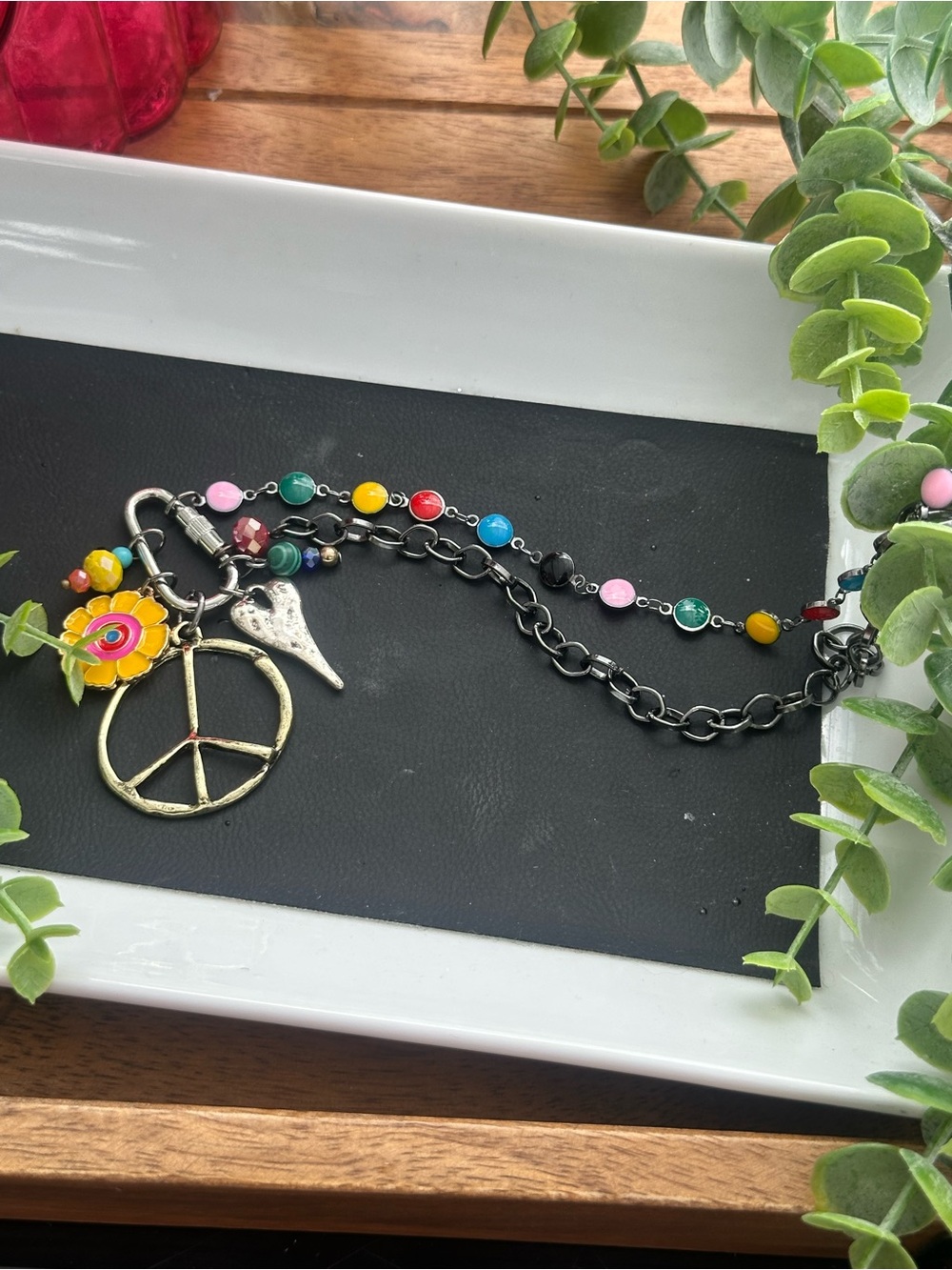 Boho Multi-Color Beaded Keychain with Peace Charm